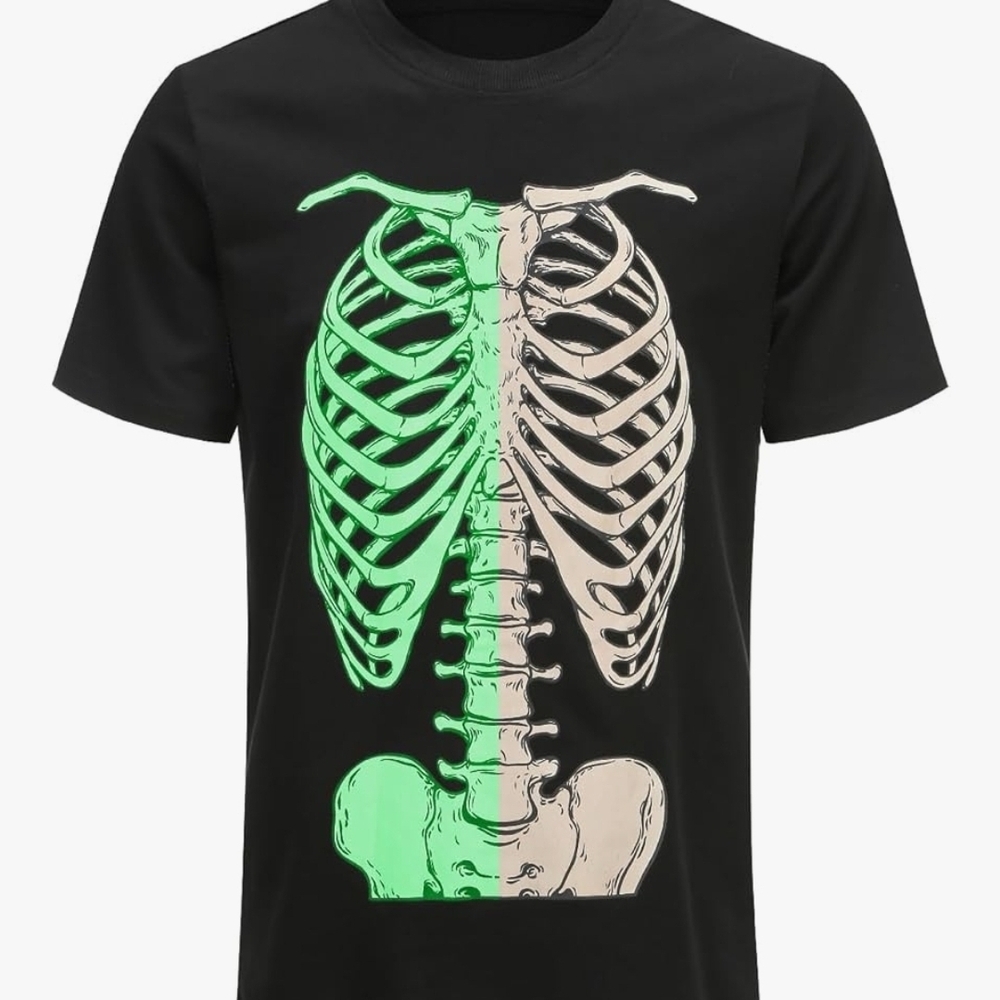 Mens Large Black T-Shirt with Glow-in-the-Dark Skeleton Design